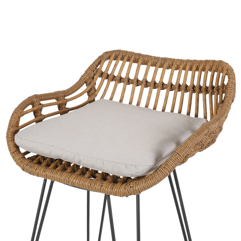Endicott Wicker Outdoor 30'' Bar Stool with Cushion, Light Brown Frame / Biege Cushion