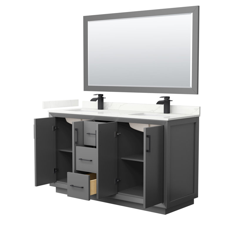 Strada 60'' W Double Vanity, Dark Gray, Giotto Quartz, Satin Bronze