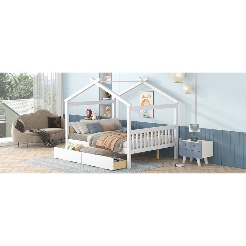 Lit double pleine grandeur en bois avec tiroirs, blanc, Double, Blanc
