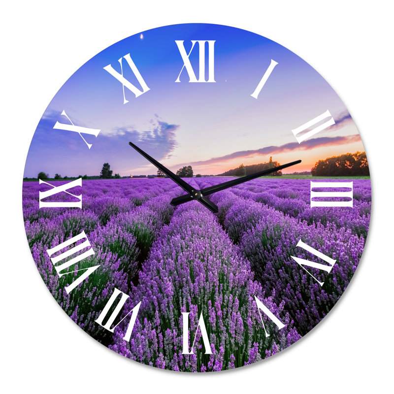 Sunrise & Dramatic Clouds Over Lavender Field II - Farmhouse Wall Clock, 29" H x 29" W x 1" D