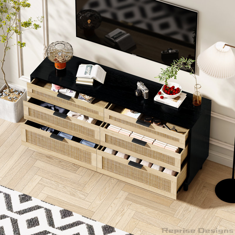 59" Rattan Dresser with 6 Drawers, Black/Natural