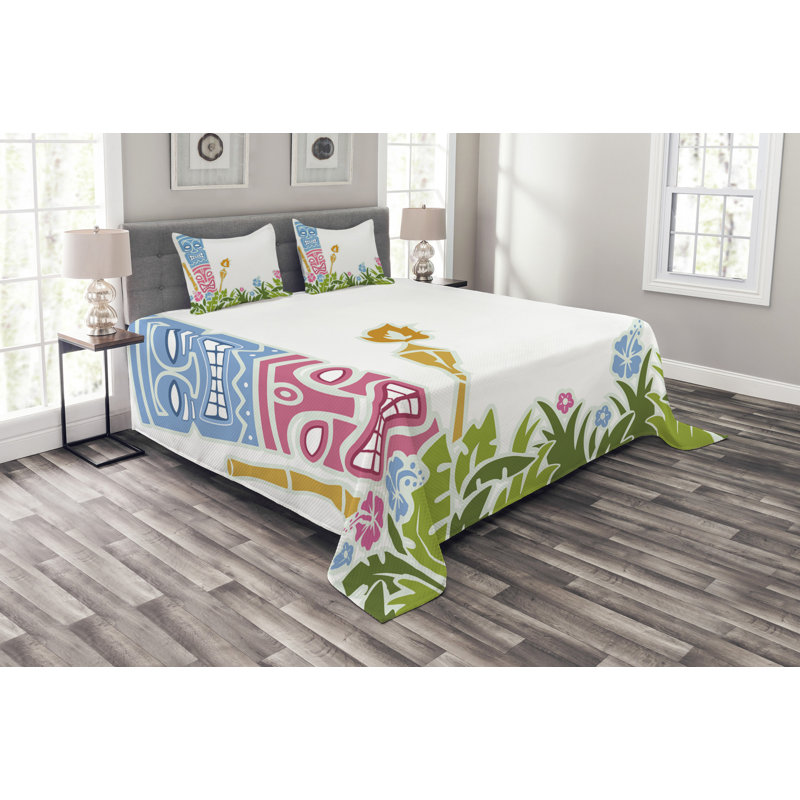 Adrion Blue/Pink/Green Microfibre Bedspread Set, 220 x 264 cm