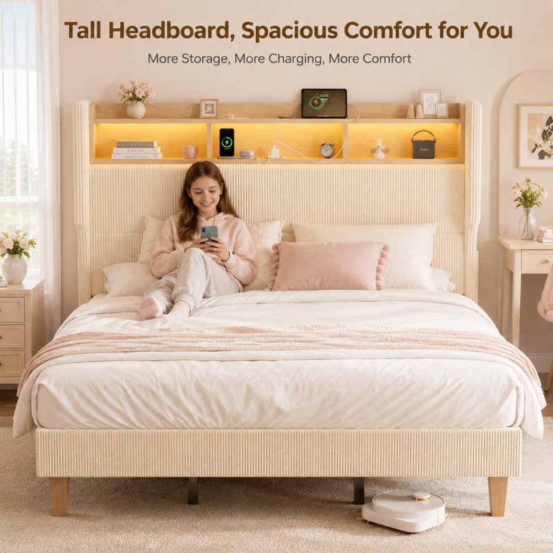 Upholstered Bed, Beige, Double (4'6)