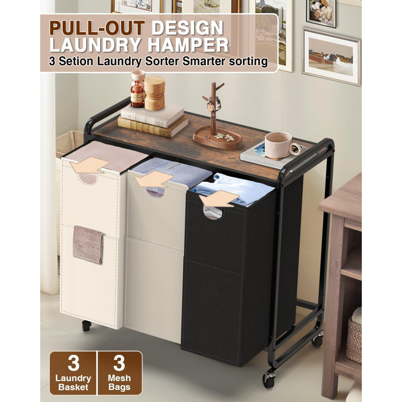 3 sections, panier à linge avec roues, 3 paniers à linge 15,8 gallons (60L) avec grand trieur de bureau en bois