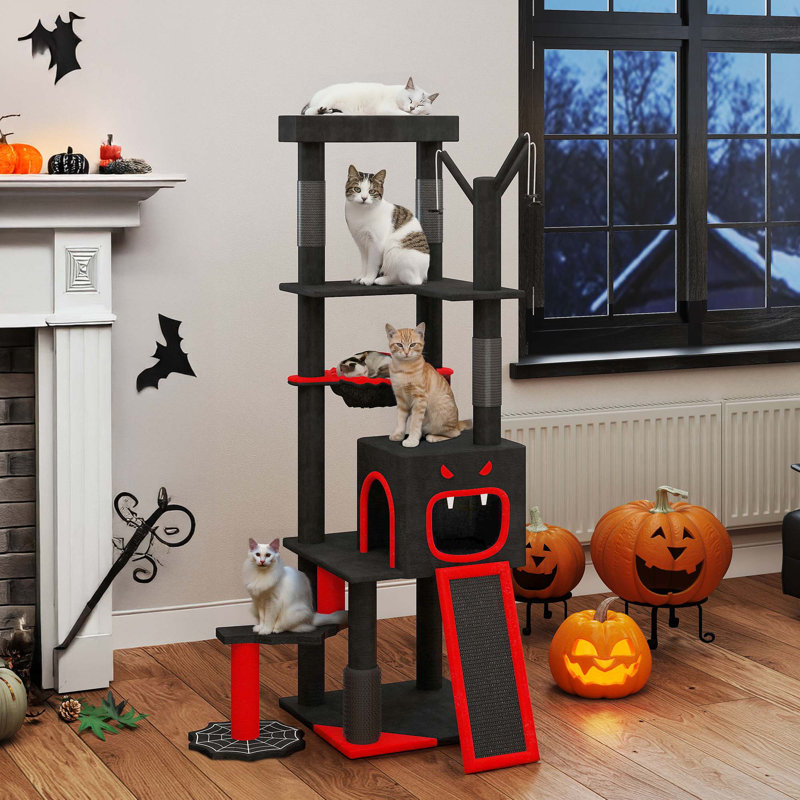  Tour pour arbre à chat 60 po avec lit cercueil, perchoir, condos, panier, griffoir, Halloween noir 60 po