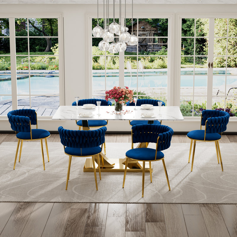 Rectangular Pedestal Dining Set with Modern Weaven Velvet Dininig Chair, Blue, Table, 6 Chairs