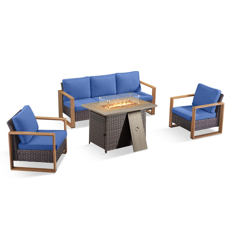 Aldiana 4-Piece Outdoor Conversation Set With Fire Pit Table, 5-Person Wicker Patio Seating Group With Sofa And Armchairs