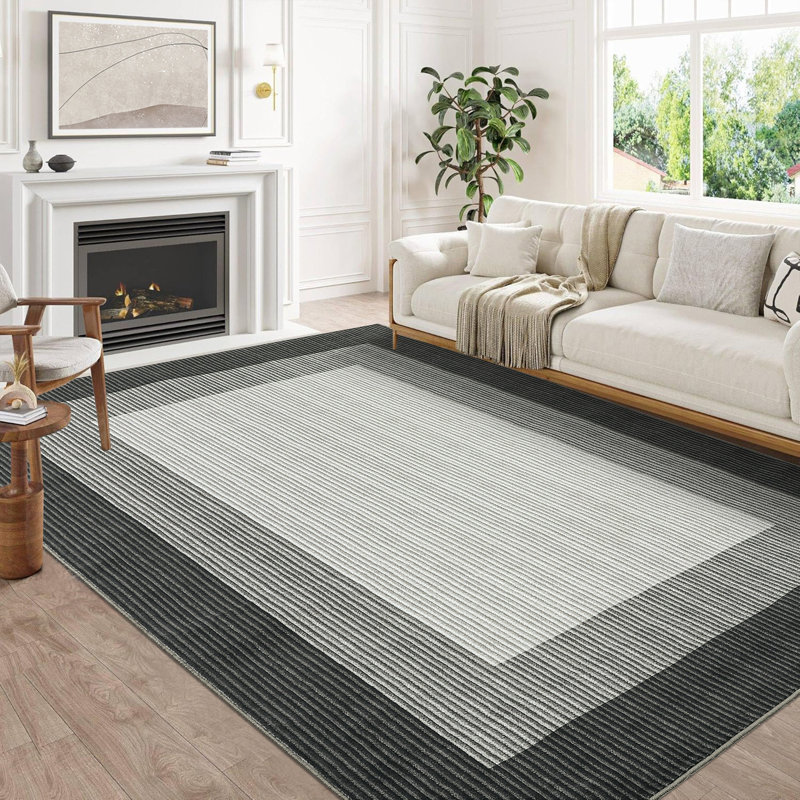 Modern Striped Bordered Printed (Not Woven)Rugs for Living Room Bedroom Decor Washable Low Pile Laundry Rug Simple Neutral Carpet for Office Home Decor