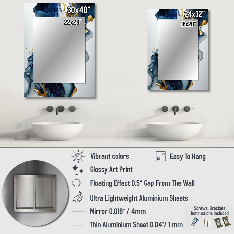 «Abstract Geode Marble Blue I», miroir mural décoratif, art moderne imprimé en métal, 40 po x 30 po