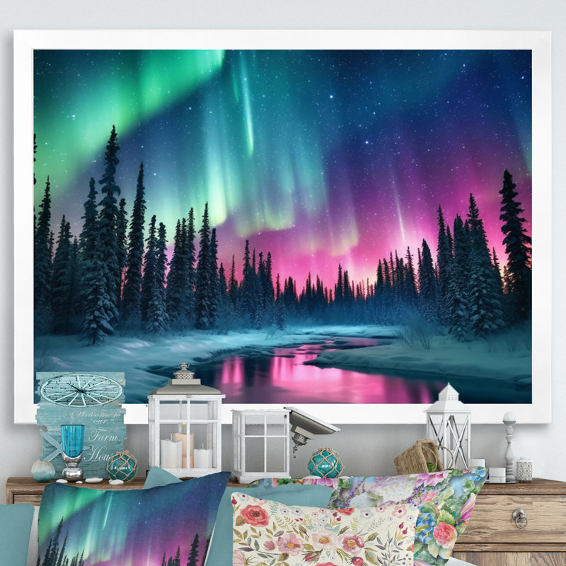 Northern Lights In Alaska II - Alaska, art mural, H 34 po x l 44 po x P 1,5 po, Cadre simple blanc