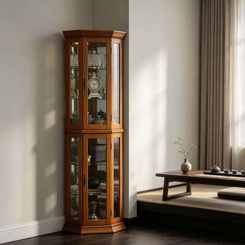Vitrine d'angle éclairée, fini chêne, avec étagères réglables et fond miroir, meuble de rangement pour objets de collection, poignées en laiton, idéal pour le salon, la salle à manger et le bureau.