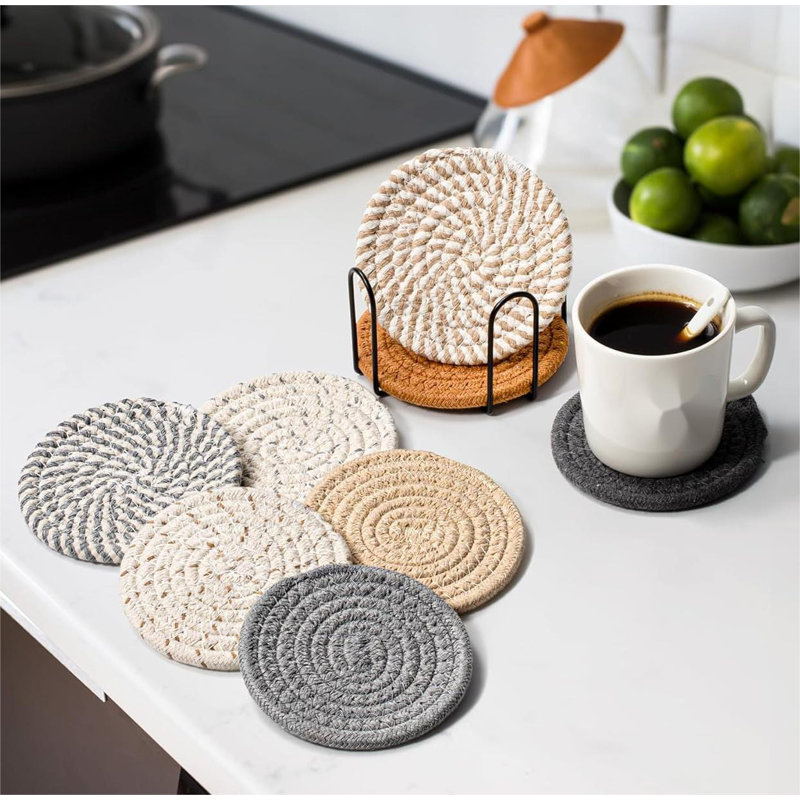 Ensemble de sous-verres ronds en coton 8 pièces avec support