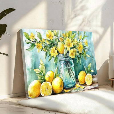 Citrons jaunes dans un pot Mason sur fond bleu, toile de fond en bois massif, art mural pour salle à manger, décoration murale 16 po x 24 po