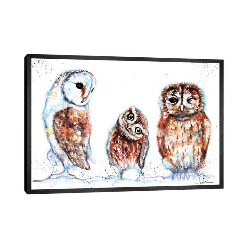 Trio Of Owls - Painting on Canvas, Black Framed, 66.04cm H x 101.6cm W x 3.81cm D