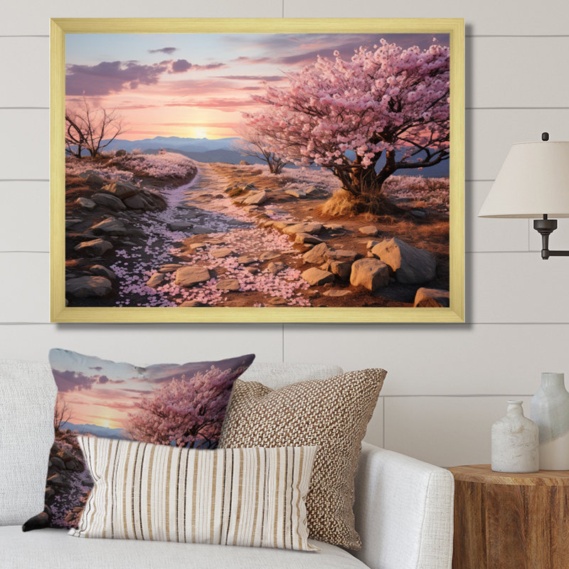 «Pink and Blue Cherry Blossom III», reproduction sur toile, H 24 po x l 32 po x P 1 po, Cadre flottant brun