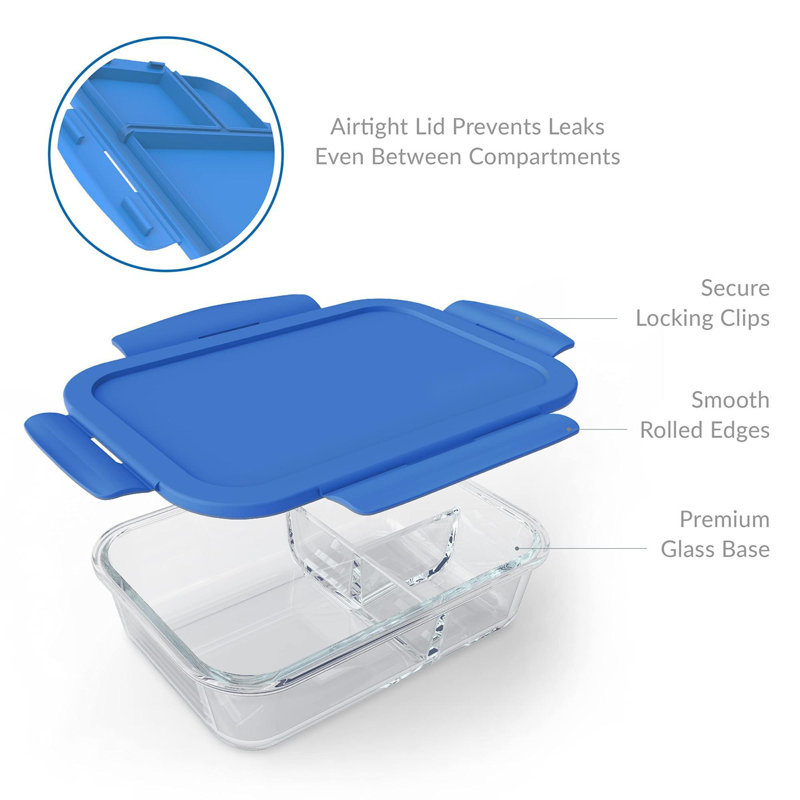 Glass Lunch Box - Leak-Proof Bento-Style Food Container With Airtight Lid And Divided 3-Compartment Design - 5 Cup Capacity For Meal Prepping, And Portion-Controlled Meals For Adults (Blue)