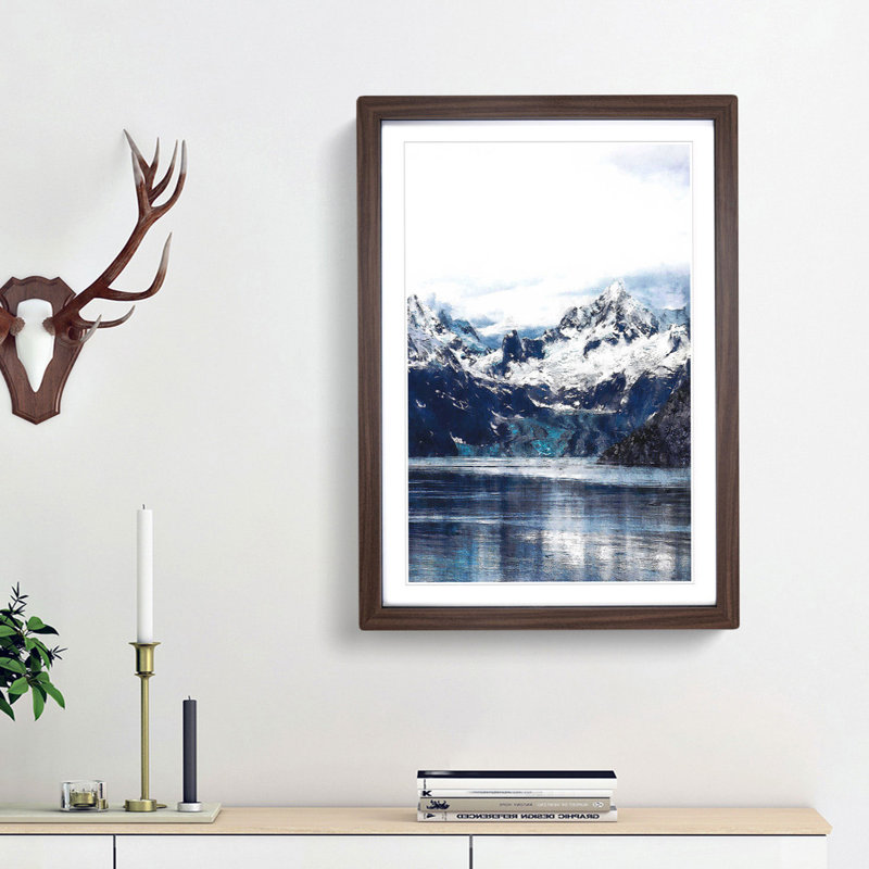 Snow Covered Mountains in Juneau Alaska - Picture Frame Painting Print, 87cm H x 62cm W x 2cm D, Walnut Framed