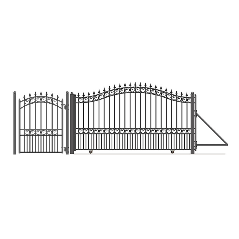Black Steel Arched Sliding Driveway Gate with Gothic Pedestrian Gate
