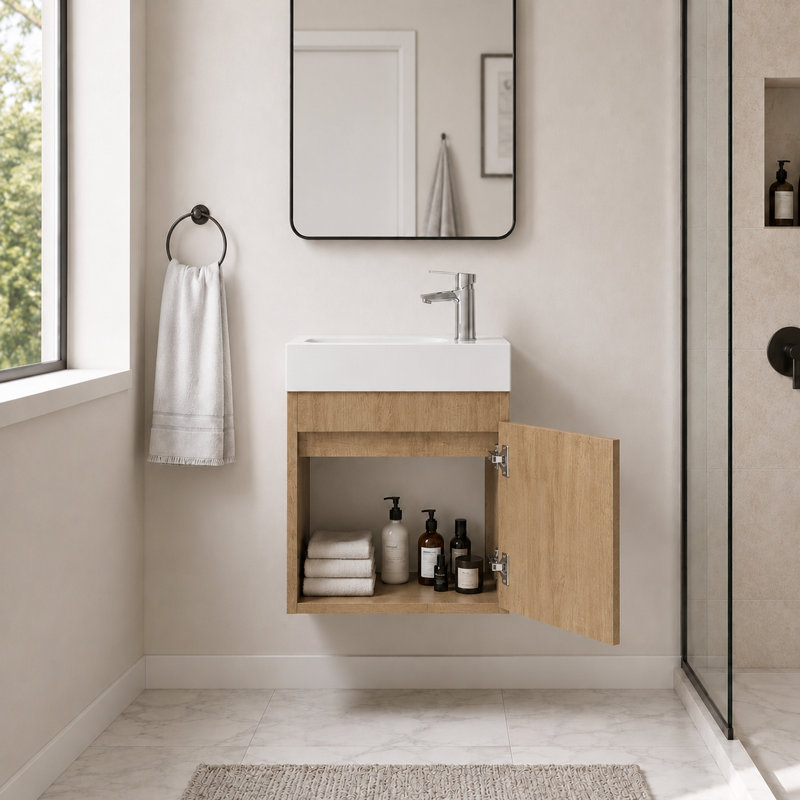 Meuble-lavabo flottant simple 18 po en chêne avec lavabo en céramique et portes à fermeture en douceur
