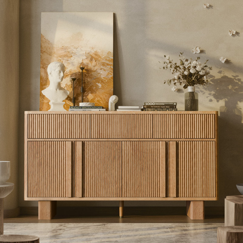 Fluted Buffet Cabinet with 3 Doors & 3 Drawers, 47” Wide Modern Sideboard with Faux Marble Top, Rounded Corners, Storage for Dining Room, Living Room, Hallway