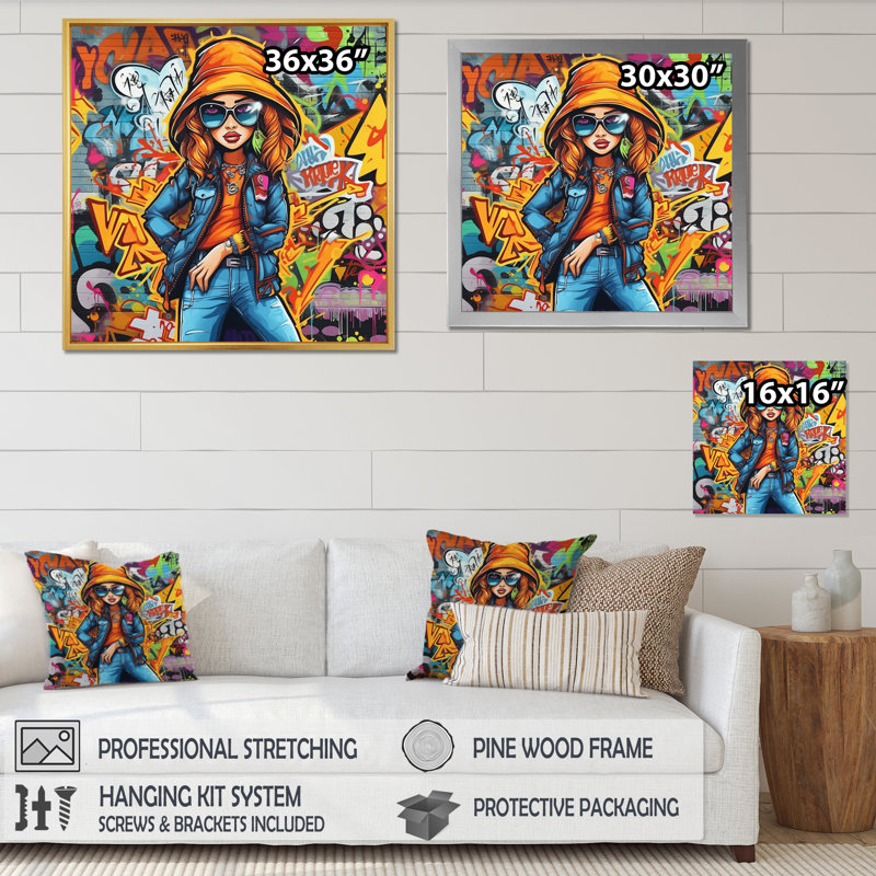 Femme graffiti sur toile, Cadre flottant doré, H 24 po x l 24 po x P 1 po