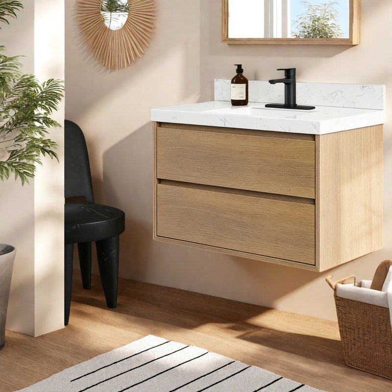 Meuble-lavabo mural moderne en chêne avec lavabo en pierre d'ingénierie, conception peu encombrante