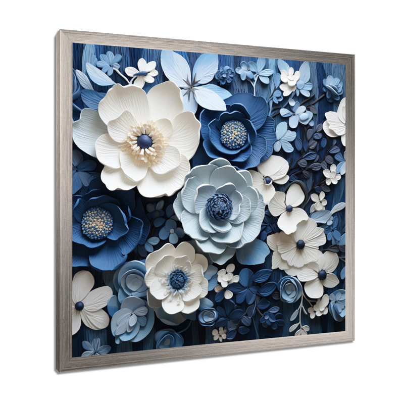 Collage de fleurs bleues et blanches saisonnier III - Fleurs, H 16 po x l 16 po x P 1 po, Cadre simple argenté