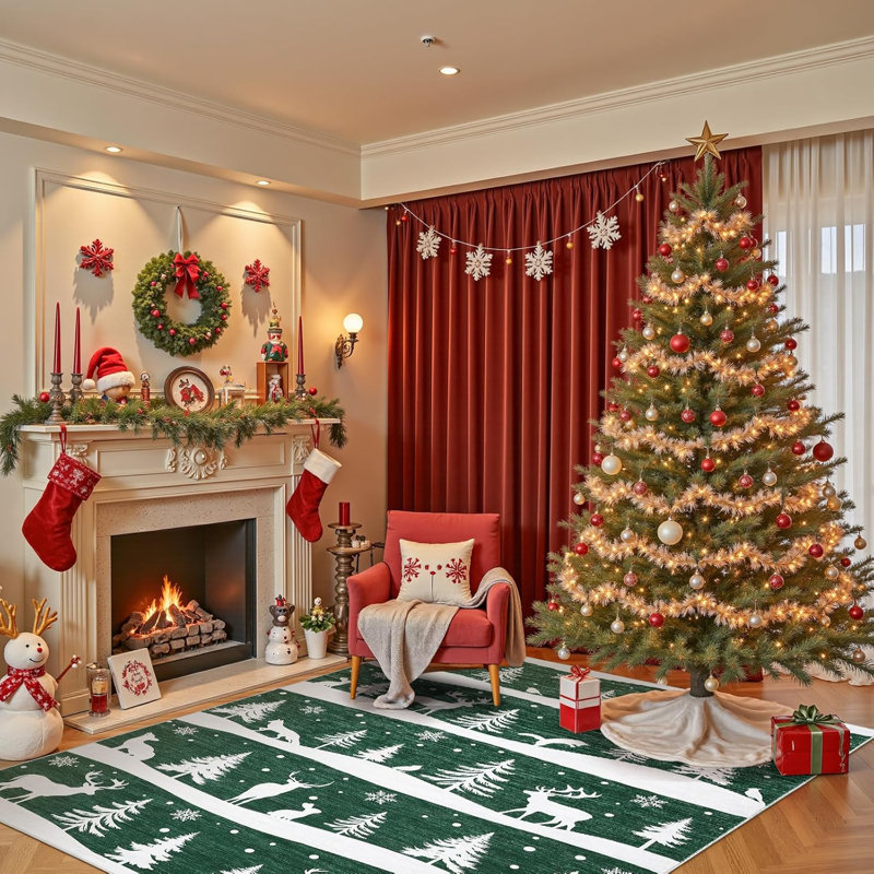 9x12 Christmas Area Rug with Tree Reindeer Snowflake, Washable Non Slip Rug, Green, Rectangle 9' x 12', Green
