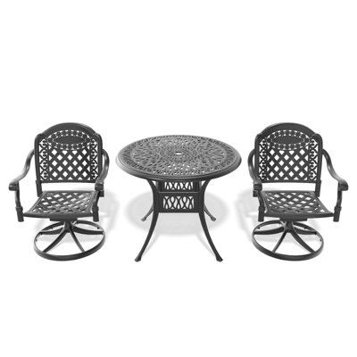 Ensemble de salle à manger 3 pièces en aluminium coulé toutes saisons comprenant 2 chaises pivotantes et une table ronde de 35,43 po avec structure noire