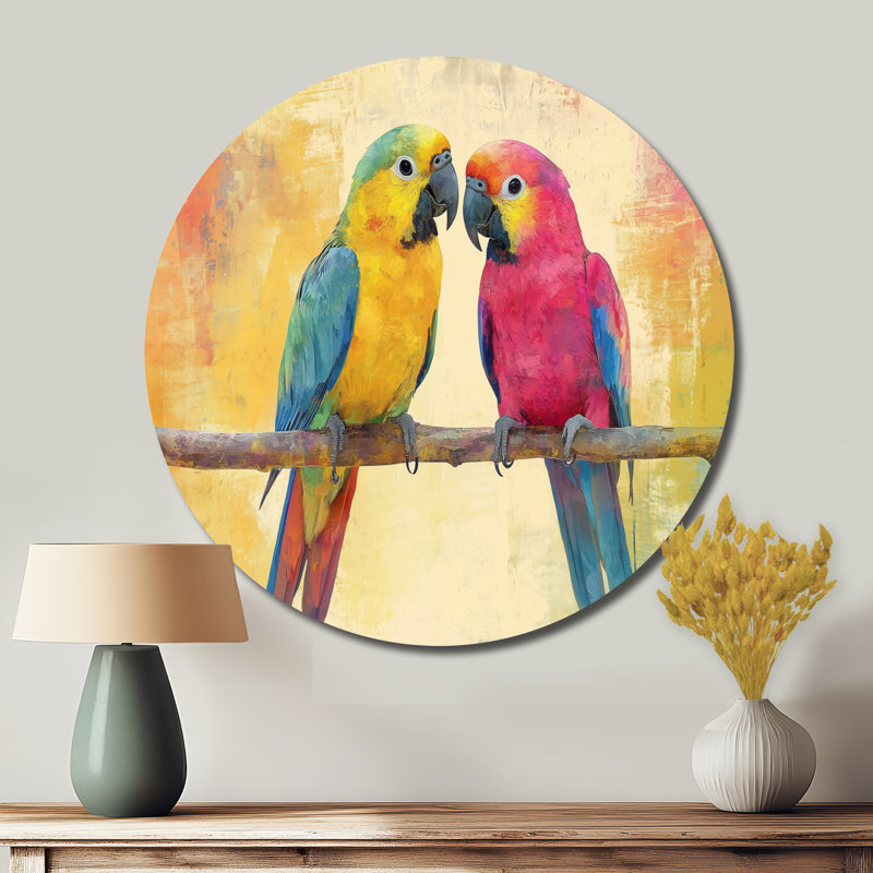 «Tropical Bird Duo» - art mural rond en métal, L 36 po x H 36 po