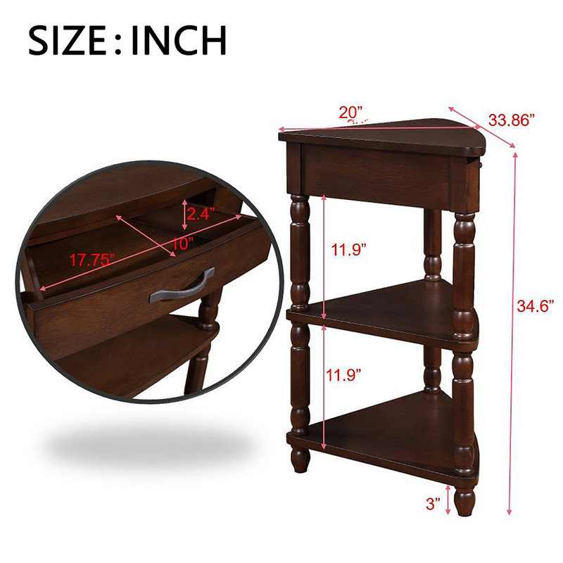 Petite table de coin triangulaire multifonctionnelle 33,8 po, robuste et durable, table de bout à 3 niveaux avec pieds en bois massif, coussinets en plastique pour les petits espaces / salon / balcon / chambre / couloir
