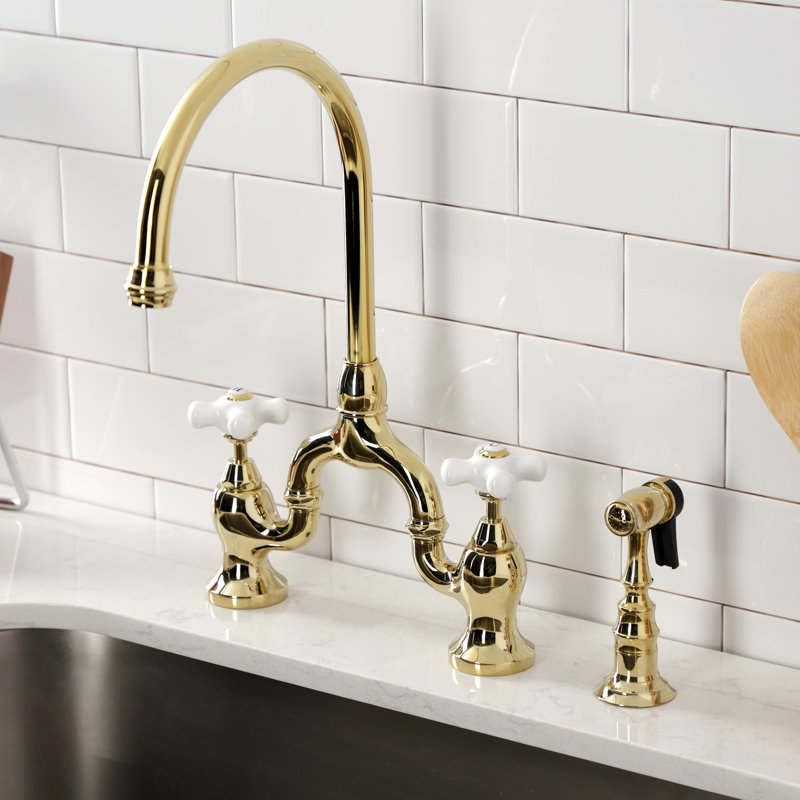 Kingston Brass English Country Two-Handle 3-Hole Deck Mount Bridge Kitchen Faucet with Brass Side Sprayer, Polished Brass