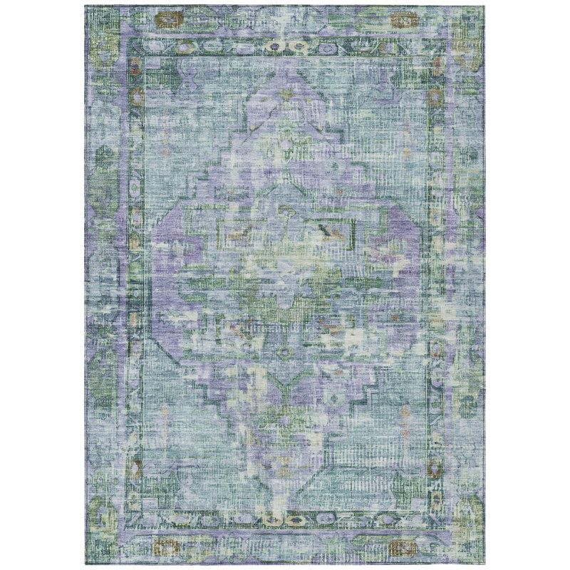 Machine Washable Indoor/Outdoor Xhevrie Teal Rug, Rectangle 9' x 12'
