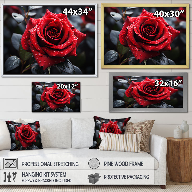 «Atthew Water Drops on Red Rose Majesty II», reproduction, 12" H x 20" W, Cadre flottant noir