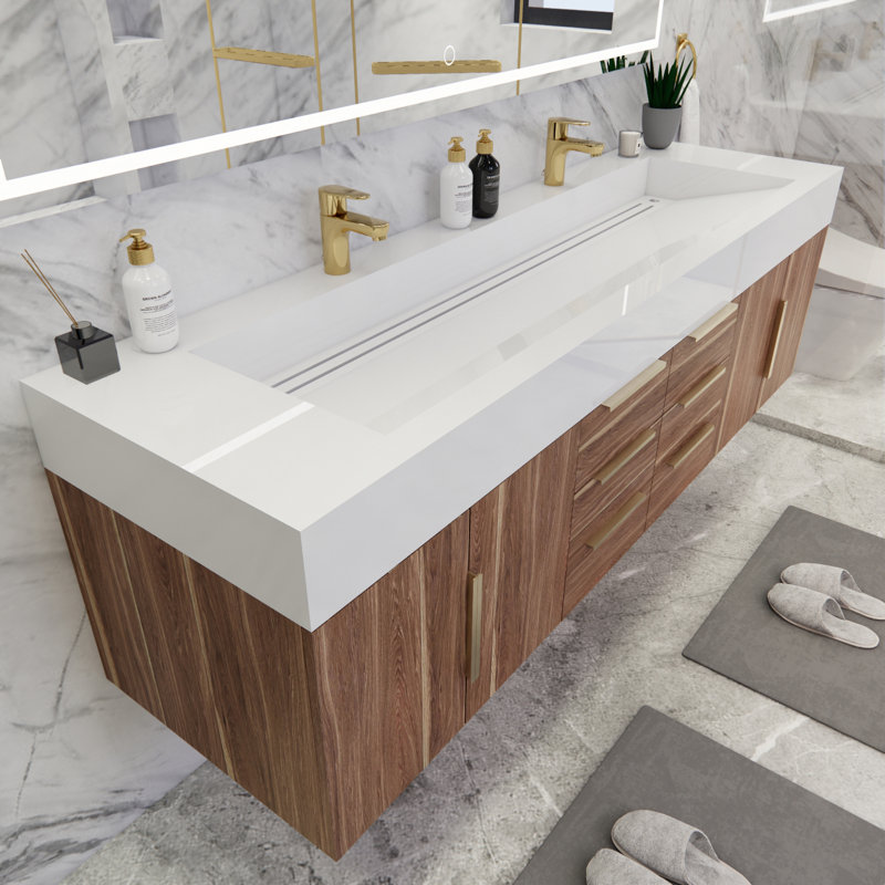 Ensemble de meuble-lavabo double mural 71 po Thomason, Chêne blanc, Blanc