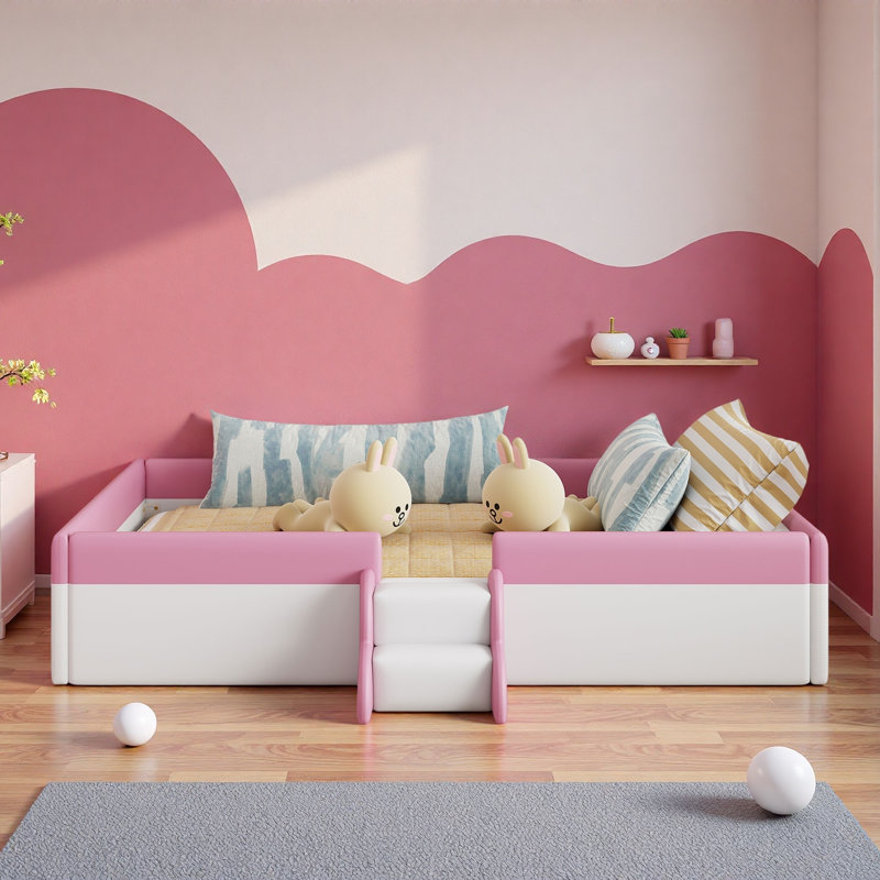 Upholstered Daybed Frame With Fence And Stairs, Full, Pink