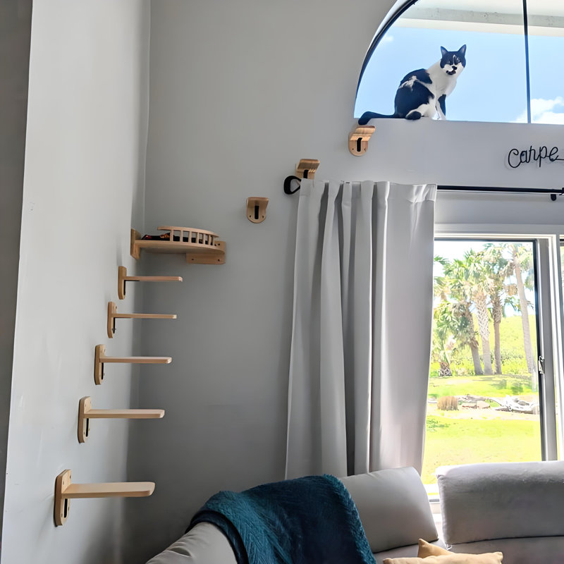Set of 3 Natural Wood Cat Wall Floating Steps Ladder Stairs