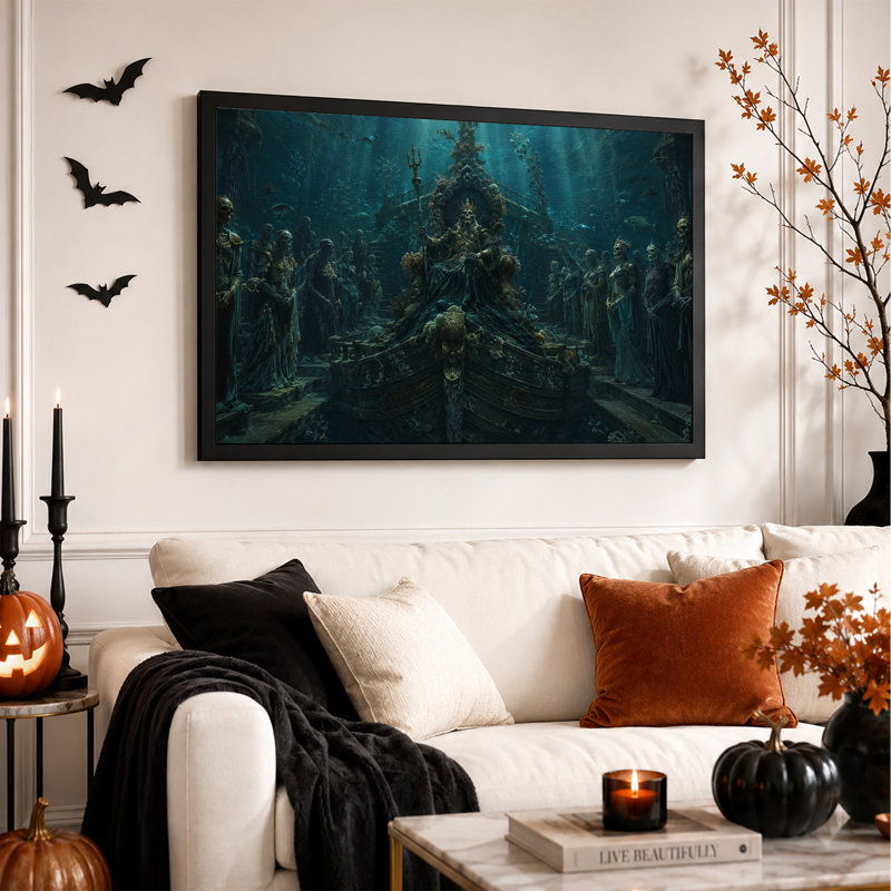 Roi squelettique sous-marin sur un trône orné - Toile murale d'Halloween, H 20 po x l 30 po