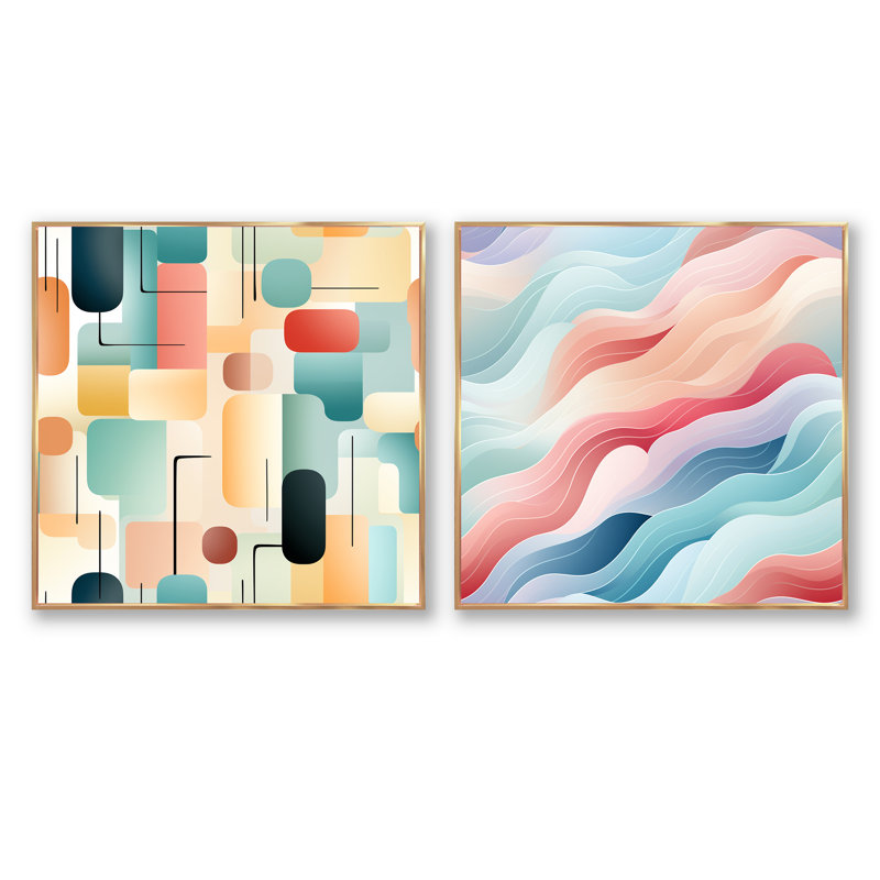 Crisey - Ensemble de 2 collages carrés à formes abstraites, Cadre flottant doré, H 36 po x l 73 po