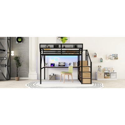 Grand lit mezzanine en métal avec escalier, bureau, station de charge, rangement pour lit, 400 lb, rangement noir, métal, noir, lumières DEL de la chambre à coucher