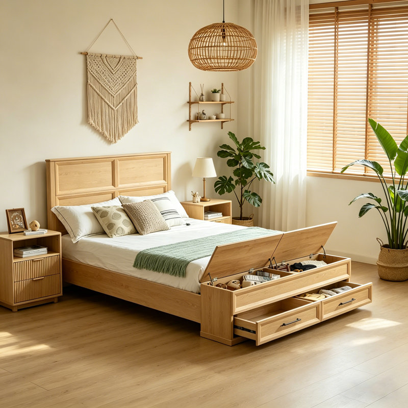 Grand lit plateforme avec tête de lit géométrique 3D et banc de rangement, 4 tiroirs, Queen, Marron clair