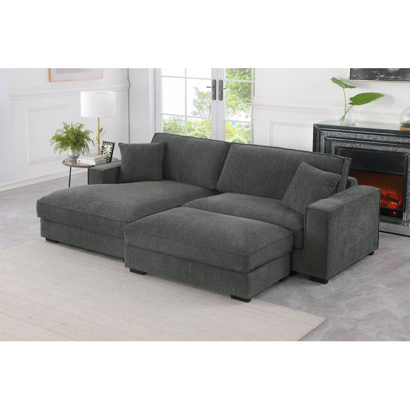 102" Upholstered Deep Seat Chaise Sofa With Ottoman, Left Hand Facing, Dark Gray Polyester