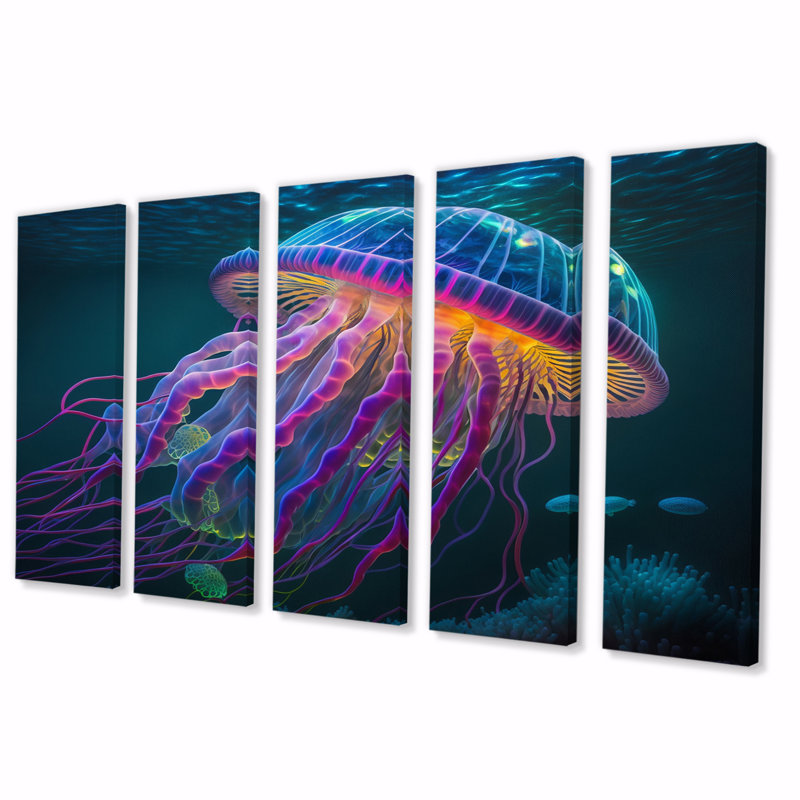 Radiant Colorful Deep Sea Jellyfish I - méduse salon d'art mural - 5 panneaux égaux