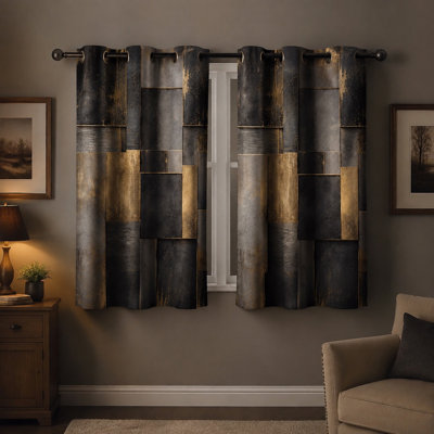 Ensemble de 2 rideaux occultants géométriques abstraits, effet béton texturé et patchwork doré, réduction du bruit et protection de l'intimité, idéal pour obscurcir la pièce (chambre, salon, cuisine, décoration intérieure).