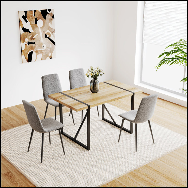 Ensemble de salle à manger Mid-Century 5 pièces avec table en bois aggloméré et chaises en lin, base en métal moderne pour espaces compacts