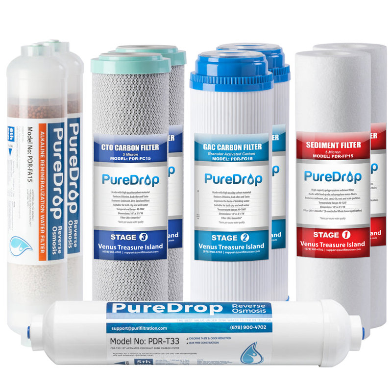 Ensemble de remplacement pour filtre à eau par osmose inversée PDR-F9K de 1 an pour les systèmes de filtration d'eau sous l'évier à 6 étapes avec filtre à minéraux alcalins