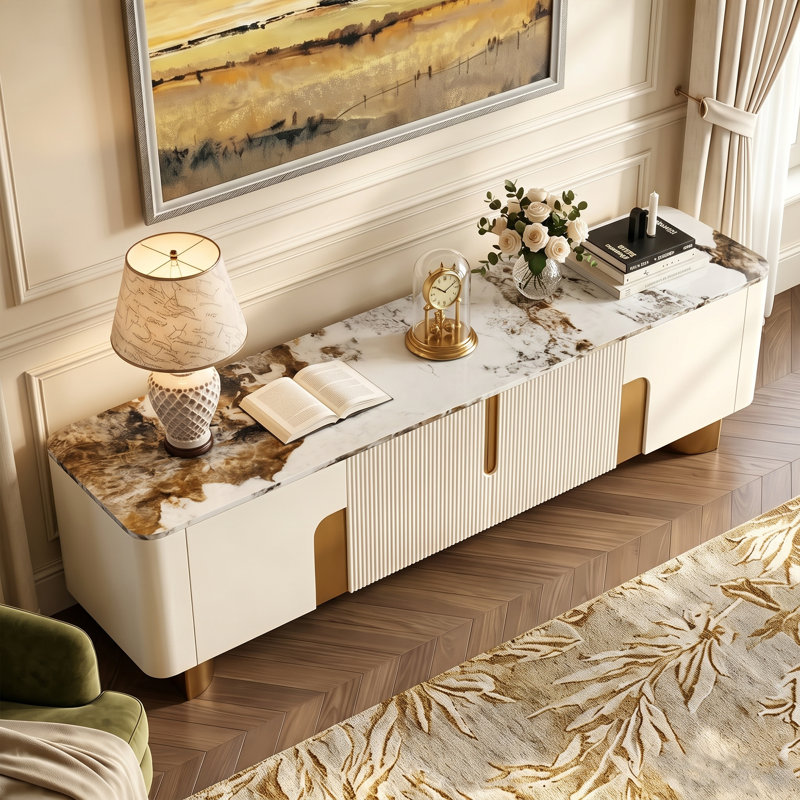 78.74'' Modern Faux Marble TV Stand with Gold Stainless Steel Base and 4 Storage Cabinets