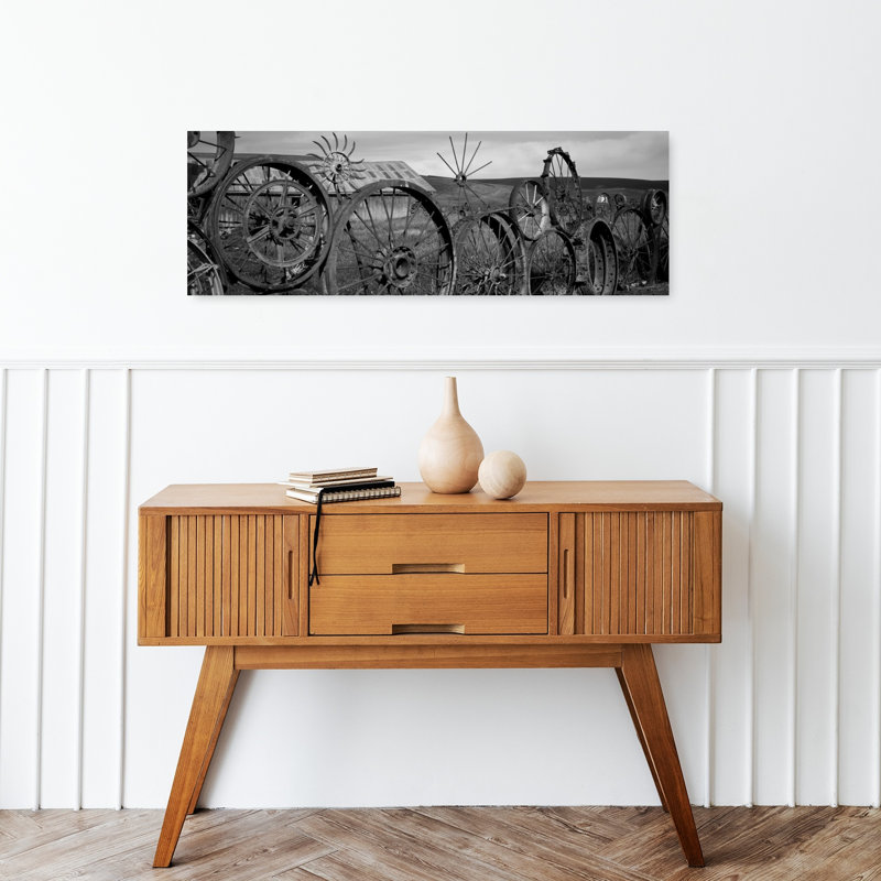 Old barn with a fence made of wheels Palouse Whitman County Washington State USA 1 Piece Wrapped Canvas Panoramic Wall Art