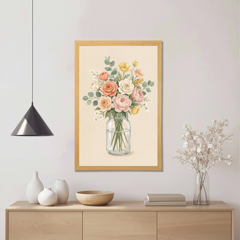 Floral Bouquet In Mason Jar Canvas Wrapped Wall Art Oil Painting Print Set Of 1, 18" H x 12" W