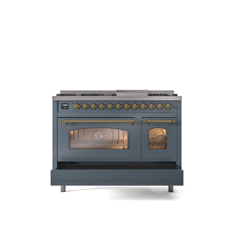 ILVE Nostalgie II Series 48 inch Dual Fuel Range with 8 Sealed Burners, Griddle (Glass Door), Blue/Gray/Brass, Liquid Propane